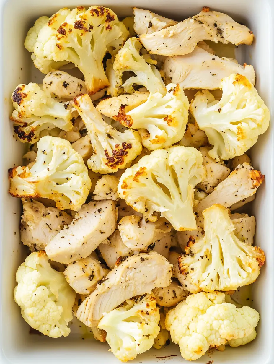 Grilled-Chicken-And-Roasted-Cauliflower-In-A-White-Baking-Dish