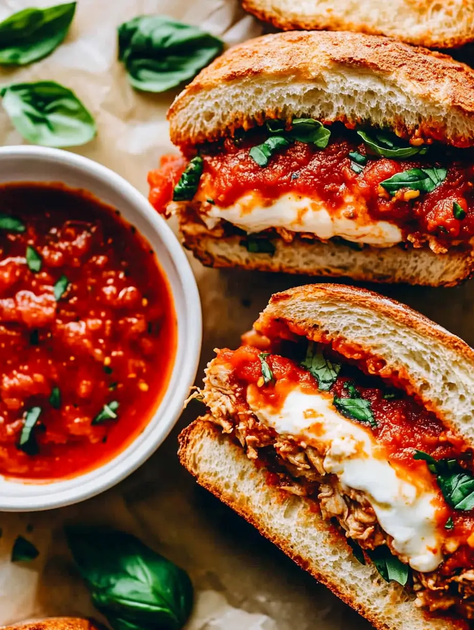 Golden, crispy chicken parm sandwich with marinara sauce, fresh basil, and melted cheese served with a side of red sauce.
