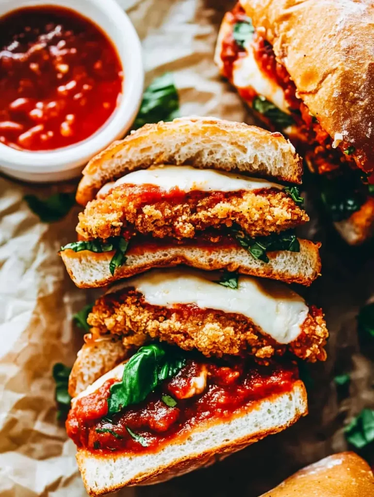 Two chicken parmesan sandwiches topped with marinara sauce, gooey cheese, and basil leaves on parchment paper.