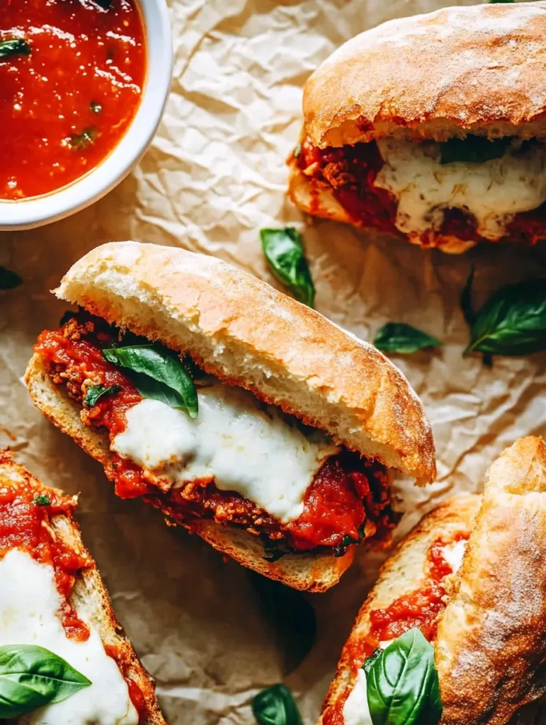 Top-down view of chicken parmesan sandwiches garnished with basil, served with a bowl of marinara sauce.