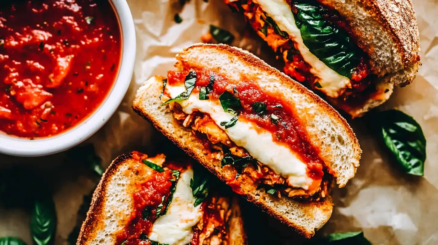 Easy Chicken Pita With Tzatziki 43 A plated chicken parmesan sandwich with melty cheese, fresh basil, and marinara sauce on toasted bread.