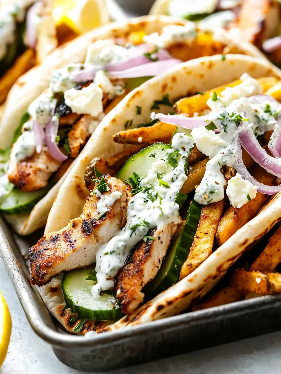 Easy Chicken Pita With Tzatziki 25 grilled-chicken-pita-tacos-with-fries-red-onion-and-feta-on-a-tray