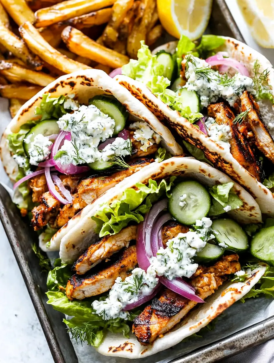 Easy Chicken Pita With Tzatziki 30 grilled-chicken-pita-tacos-topped-with-tzatziki-cucumber-red-onion-and-fries