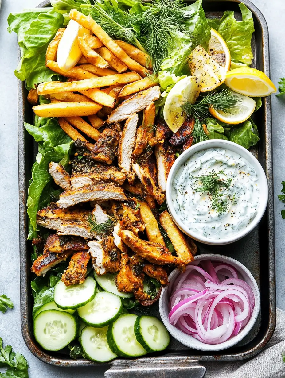 Easy Chicken Pita With Tzatziki 34 platter-with-grilled-chicken-strips-seasoned-fries-tzatziki-pickled-onions-cucumber-and-fresh-herbs-closeup