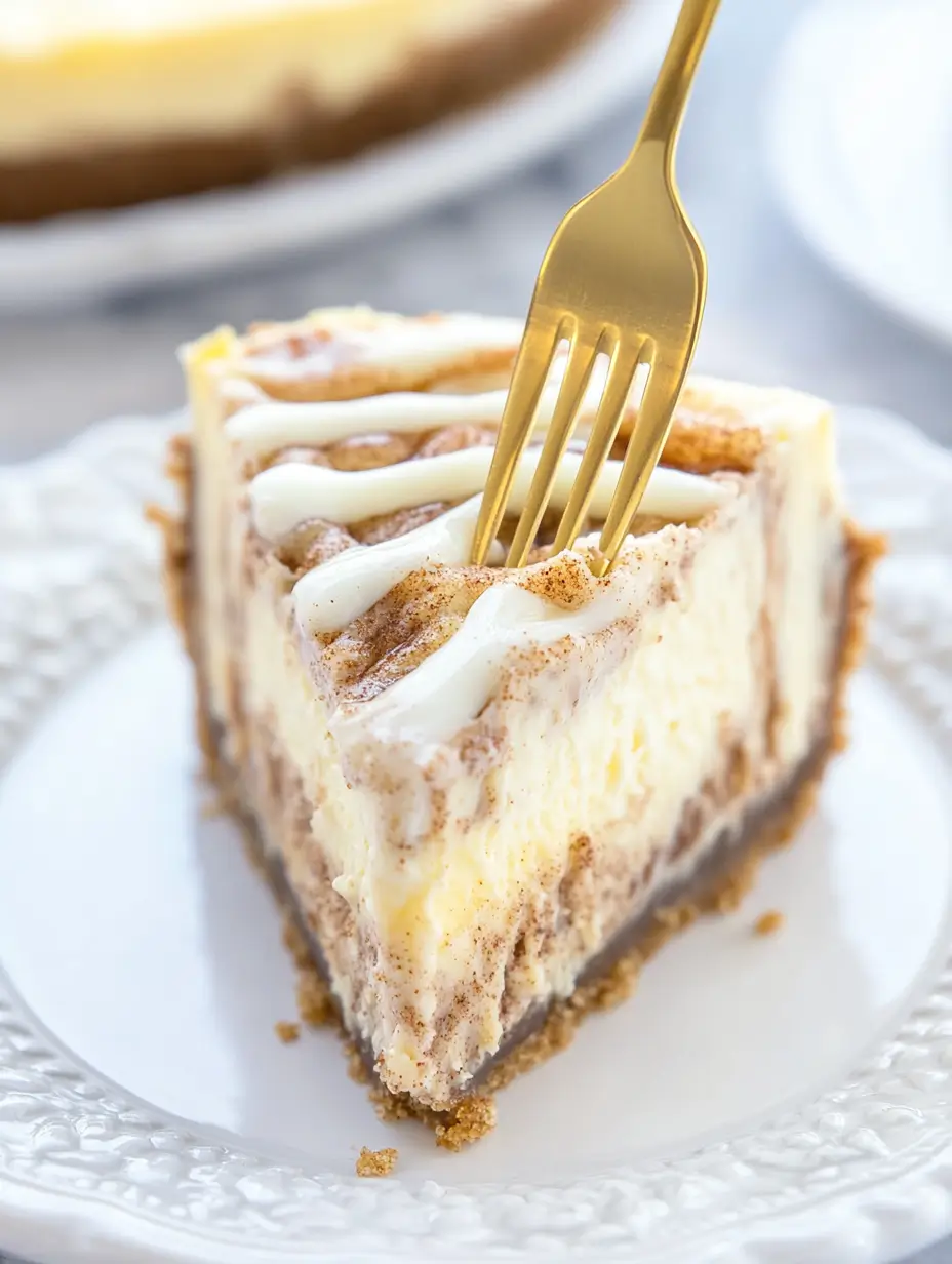 CINNAMON ROLL CHEESECAKE 8 Golden-fork-slicing-creamy-cinnamon-roll-cheesecake-on-a-white-plate