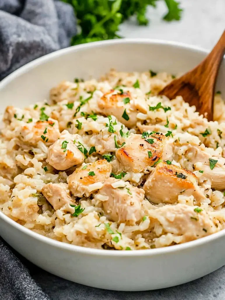 creamy-rice-with-chicken-and-parsley-served-in-bowl