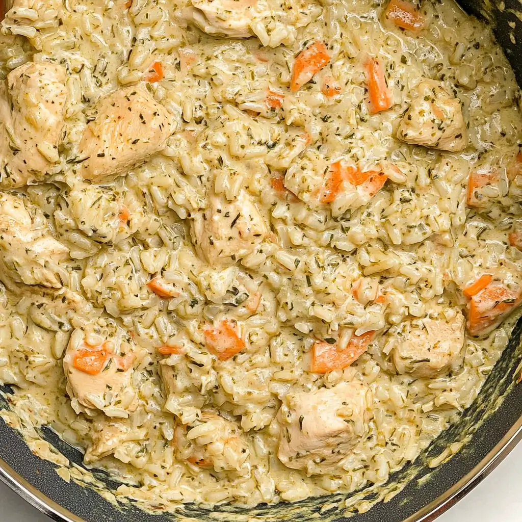 creamy-rice-with-chicken-in-a-skillet-closeup