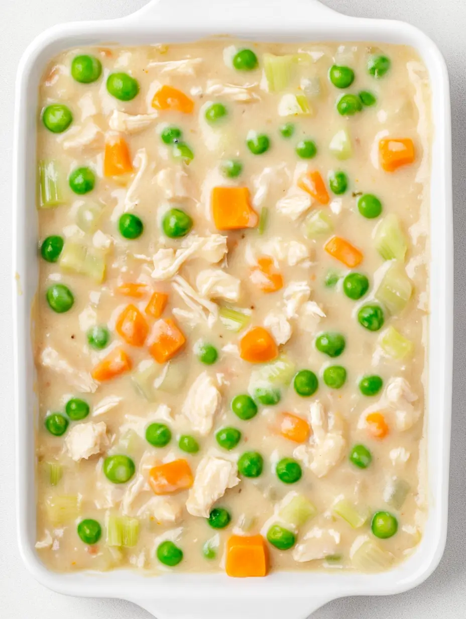 creamy-chicken-peas-and-carrots-in-a-white-baking-dish.