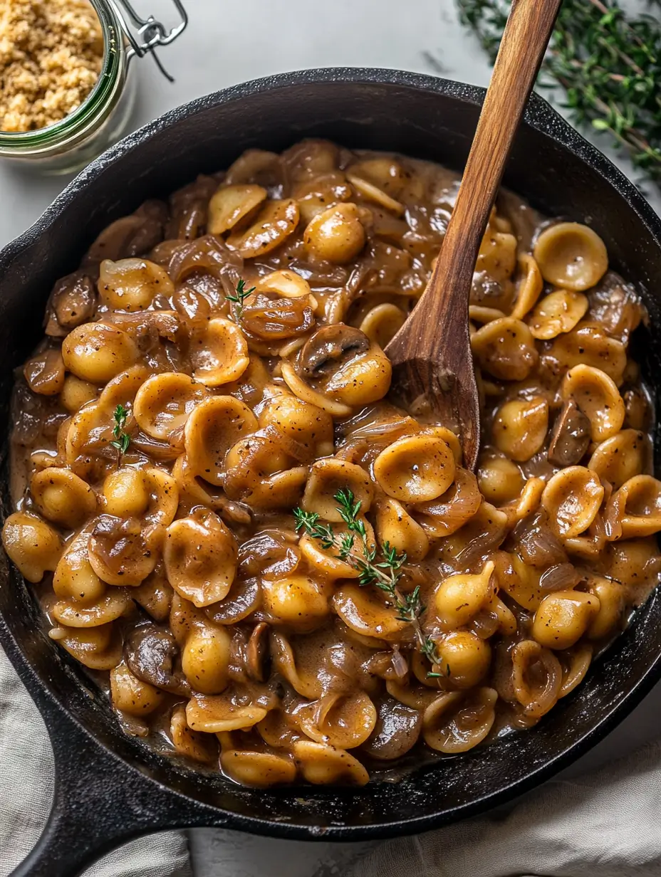 pasta-in-a-skillet-with-thyme-and-a-wooden-spoon

