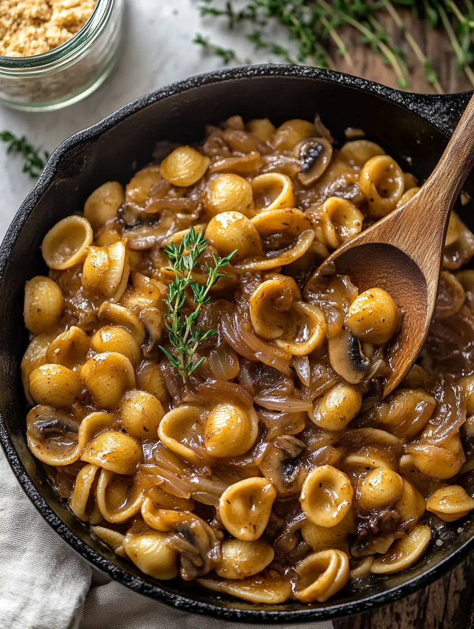 french-onion-pasta-served-in-a-cast-iron-skillet-with-herbs
