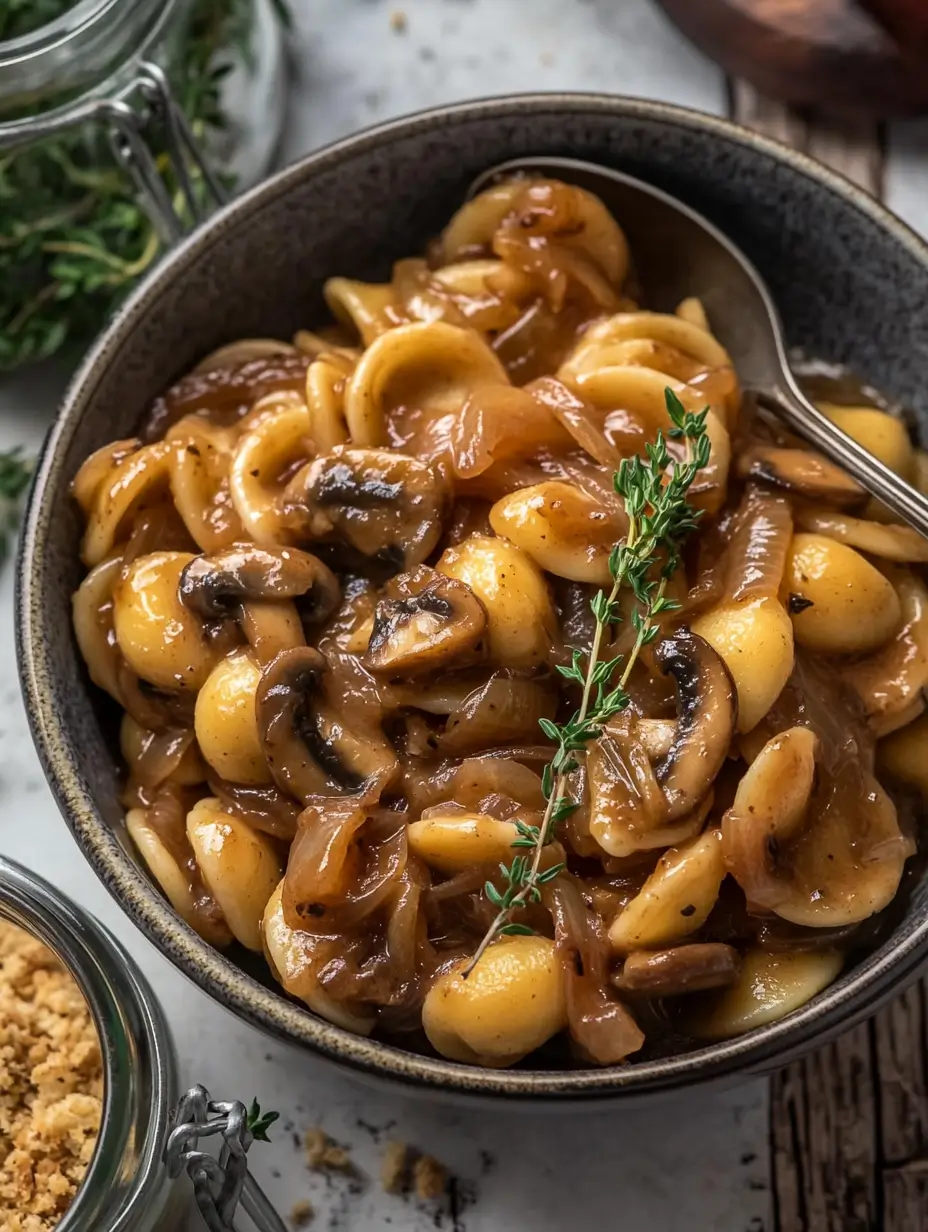 french-onion-pasta-in-a-bowl-with-thyme-garnish