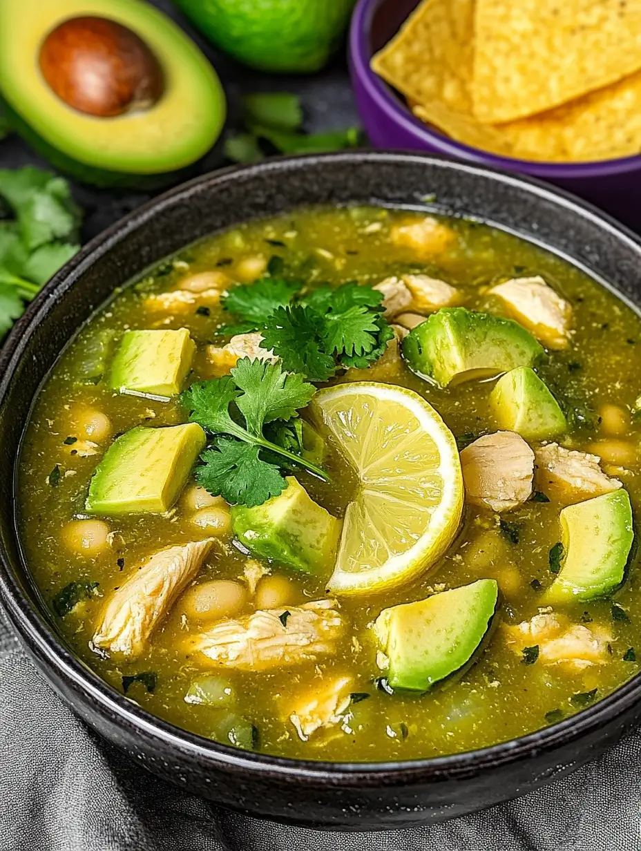 GREEN CHILI CHICKEN SOUP 2 A warm bowl of green chili chicken soup, topped with fresh avocado slices, cilantro, and a wedge of lime.