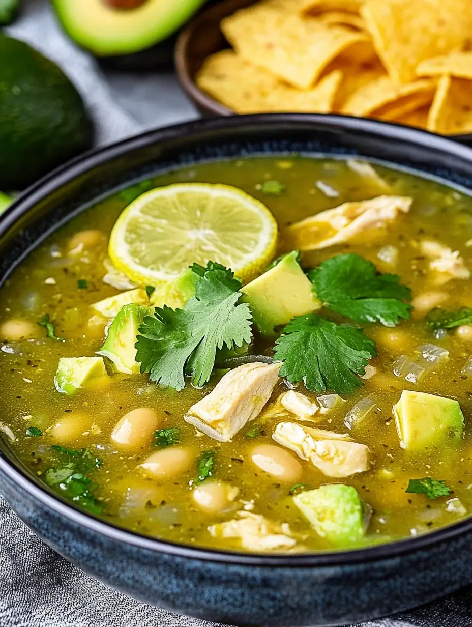 GREEN CHILI CHICKEN SOUP 8 A hearty bowl of green chili chicken soup featuring tender chicken chunks, white beans, and fresh cilantro with a lime wedge on the side.