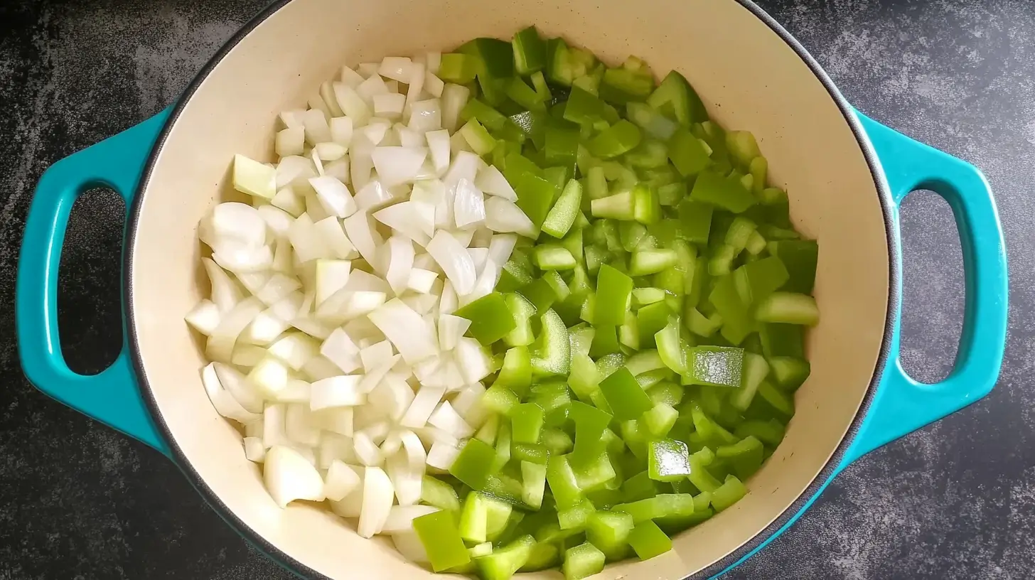GREEN CHILI CHICKEN SOUP 3 Freshly chopped onions and bell peppers layered in a pot, ready to cook.