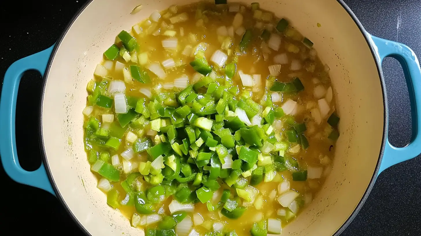GREEN CHILI CHICKEN SOUP 4 Chopped bell peppers and onions sautéing in a pot for a flavorful soup base.