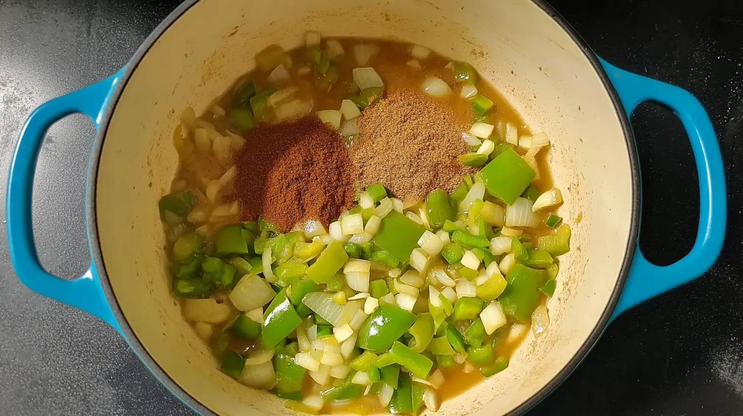GREEN CHILI CHICKEN SOUP 5 A mix of spices, onions, and green bell peppers simmering in a pot to create a fragrant base.