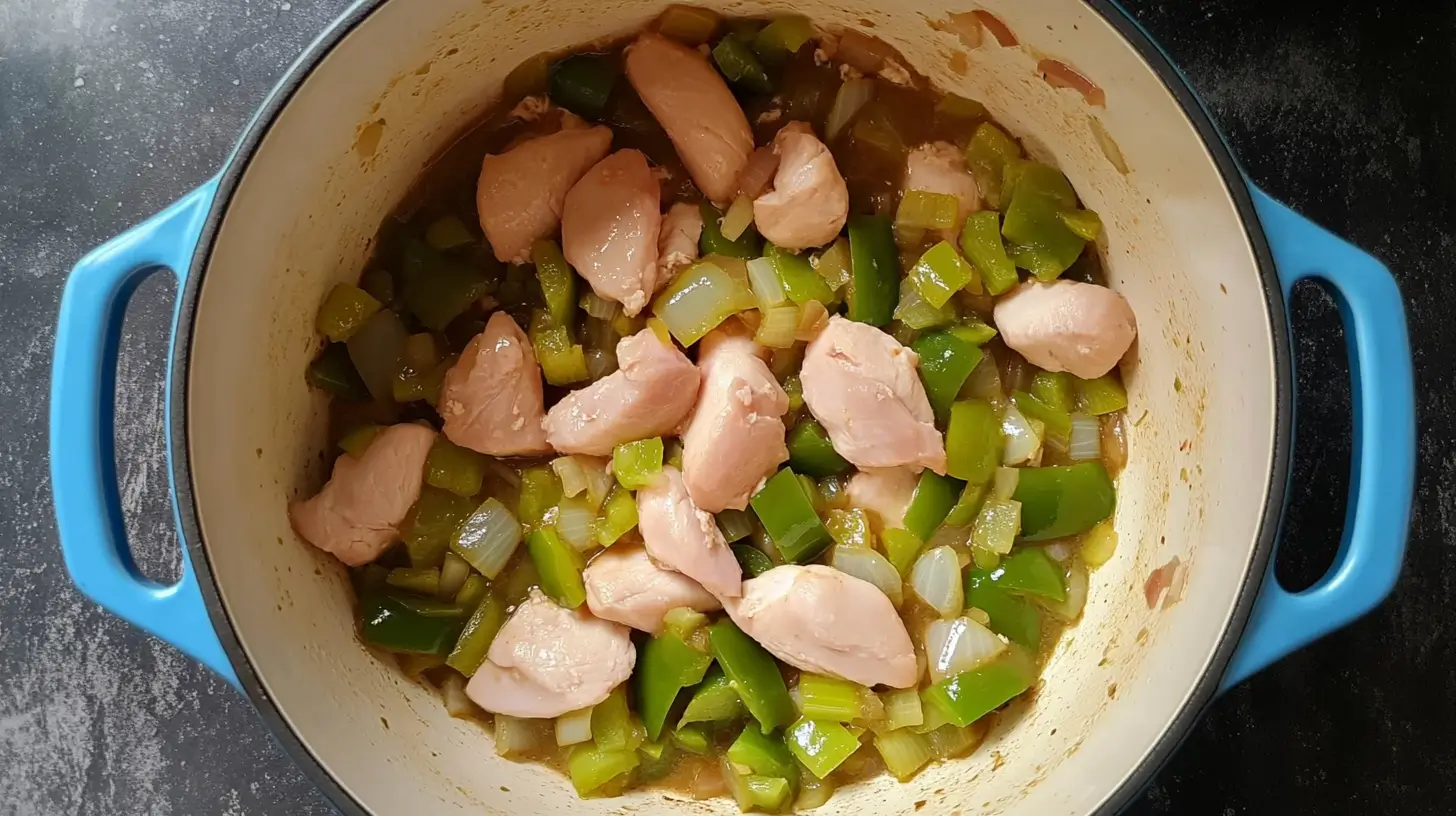 GREEN CHILI CHICKEN SOUP 6 Chunks of chicken cooking with a medley of green peppers and onions in a Dutch oven.