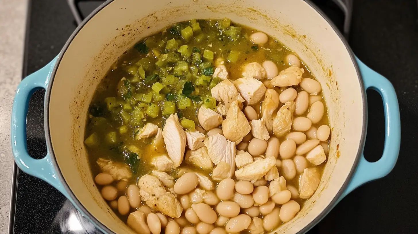 GREEN CHILI CHICKEN SOUP 7 Chicken pieces and white beans cooking in a green chili sauce for a savory soup.