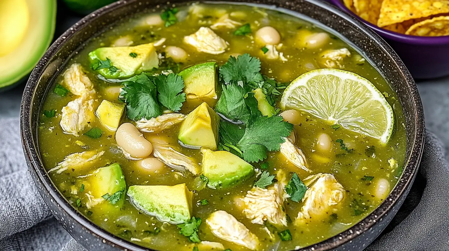 A bowl of green chili chicken soup served with creamy avocado chunks, fresh herbs, and a side of crunchy tortilla chips.