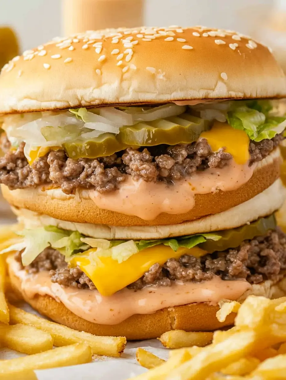 two Big Mac Sloppy Joes highlighting layers of cheese, pickles, lettuce, and special sauce dripping from the sesame seed buns.