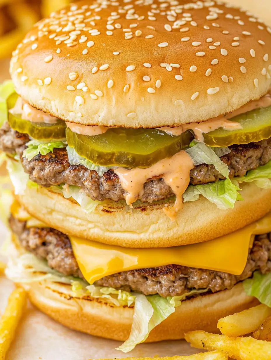 Close-up of two Big Mac Sloppy Joes highlighting layers of cheese, pickles, lettuce, and special sauce dripping from the sesame seed buns.