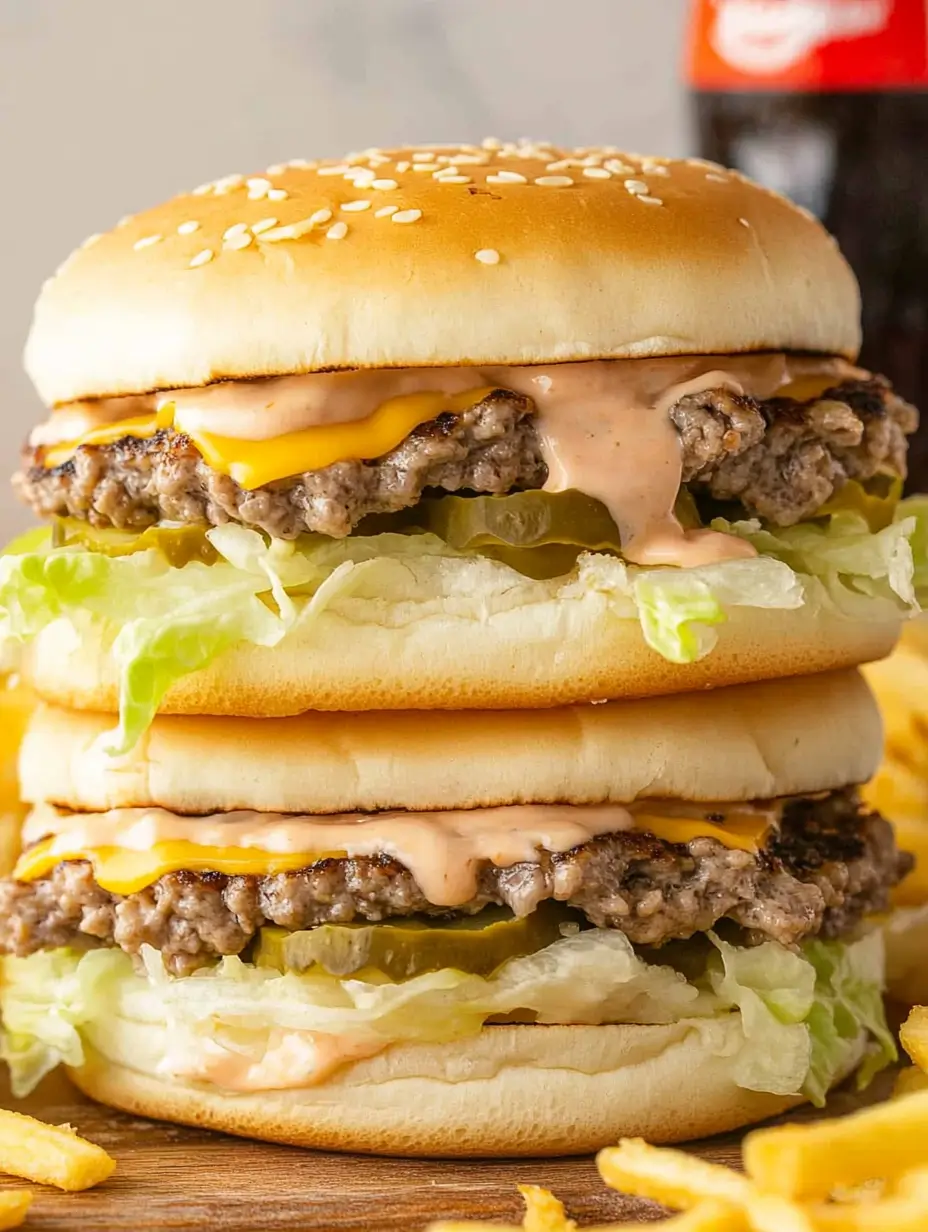 A close-up shot of two stacked Big Mac Sloppy Joes with layers of ground beef, pickles, cheese, lettuce, and creamy sauce inside toasted sesame seed buns, served with fries.