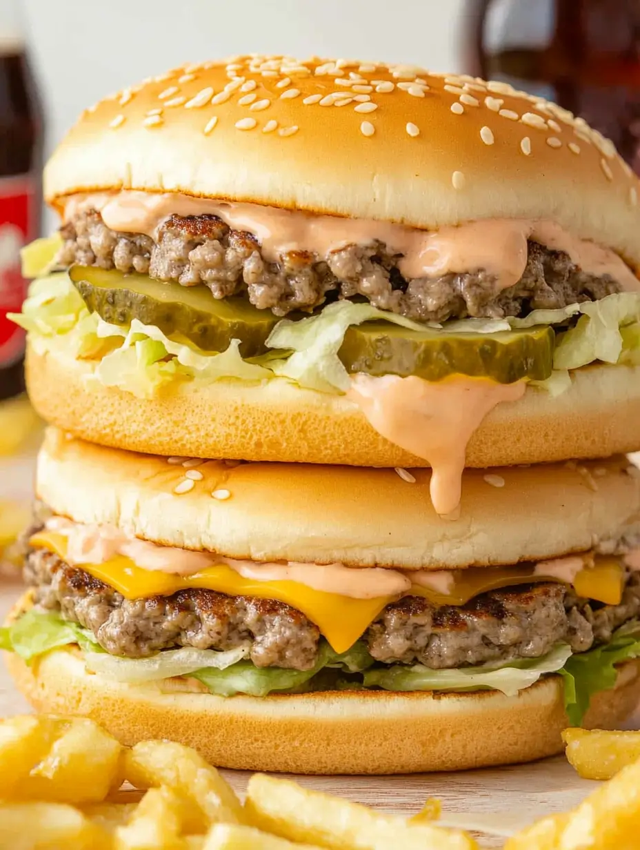  Another view of the Big Mac Sloppy Joes showcasing melted sauce, crispy lettuce, and pickles oozing with the special sauce.