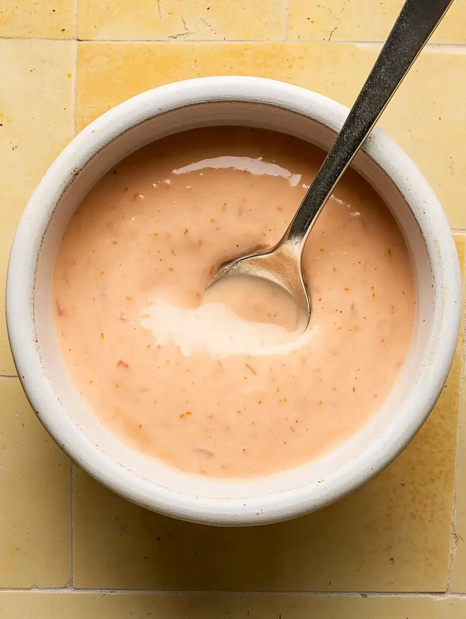 A bowl of special Big Mac-inspired sauce with a smooth, creamy texture and light orange color.