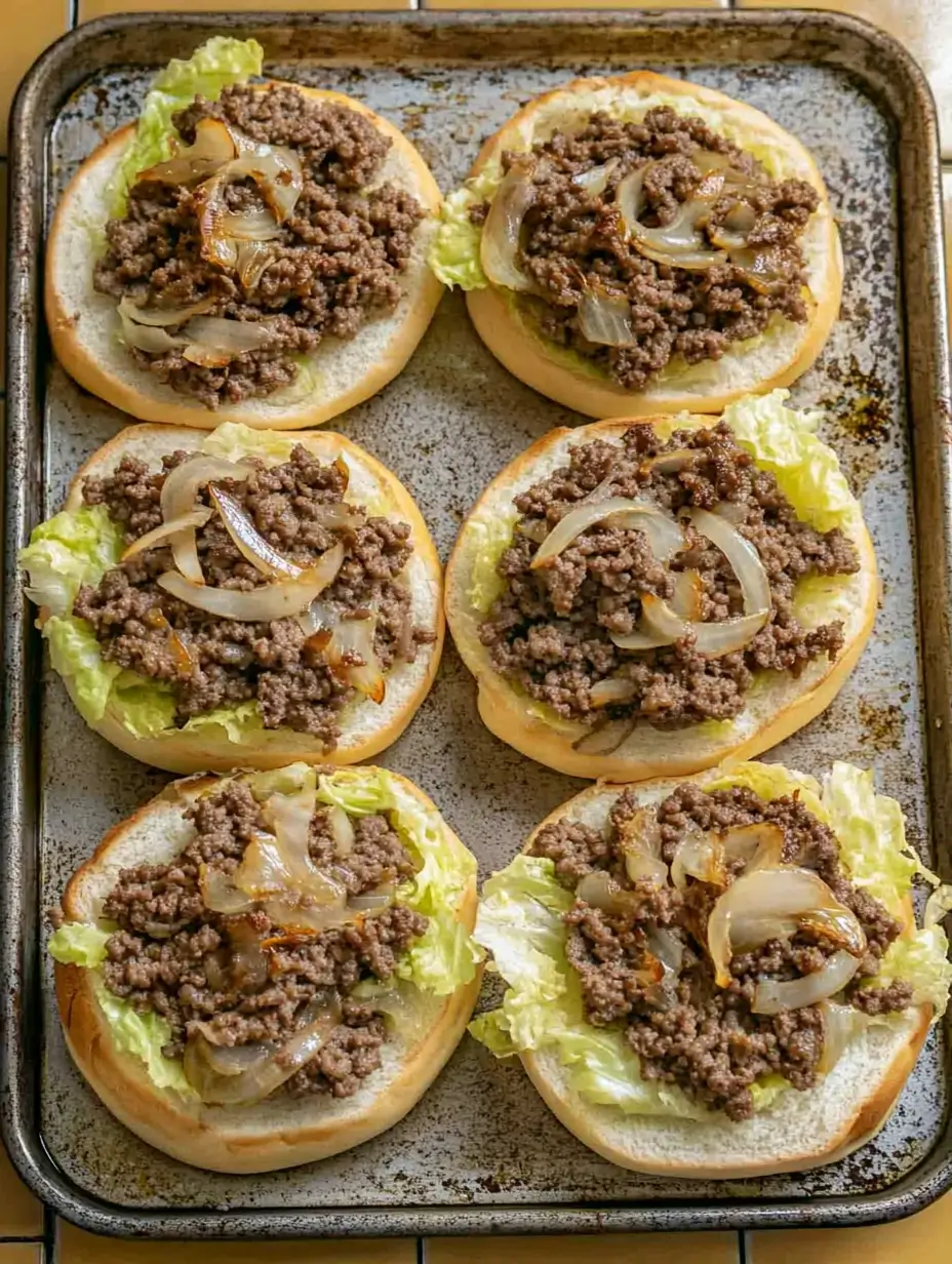 The next step shows the buns topped with seasoned ground beef and sautéed onions, placed on a baking tray.