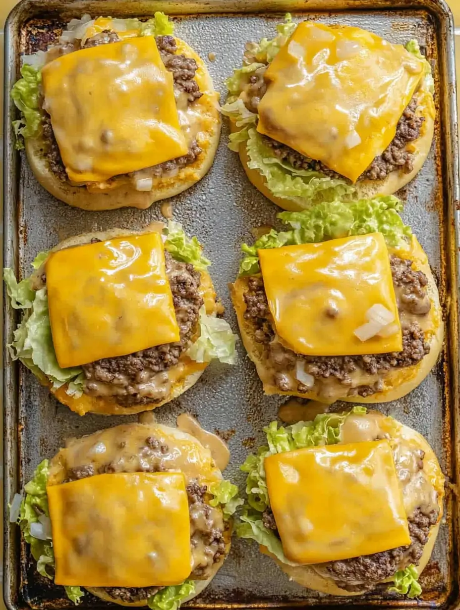 The buns are topped with lettuce, melted cheese slices, and seasoned ground beef, ready to complete the Big Mac Sloppy Joe layers.