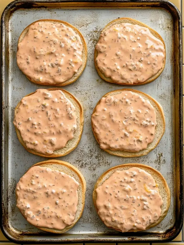 A baking sheet with six hamburger buns, each topped with creamy Big Mac sauce, prepped for assembly.