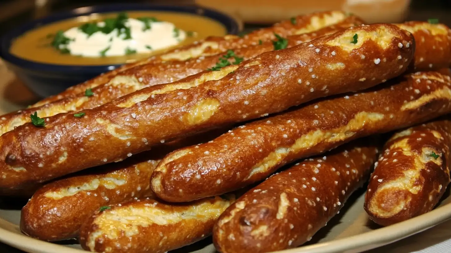 A stack of golden-brown, salted pretzel sticks garnished with parsley, served alongside a creamy dipping sauce.