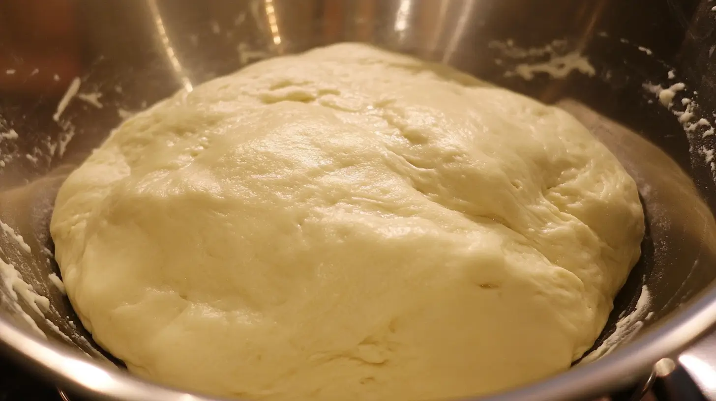 PRETZEL STICKS : HOMEMADE 2 A bowl of smooth and fluffy dough resting in a metallic container, ready for proofing.