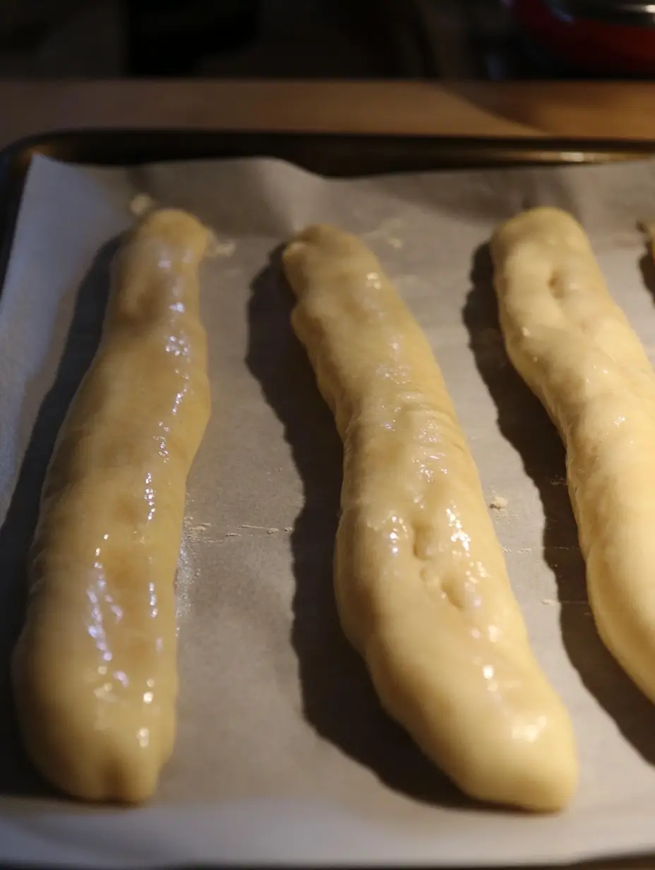PRETZEL STICKS : HOMEMADE 3 Shaped dough in long, thin forms placed on parchment paper, prepared for baking.