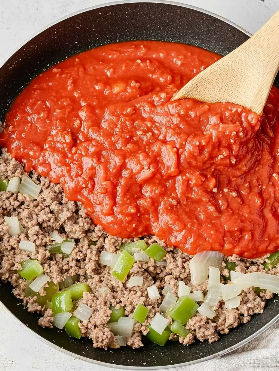 MILLION DOLLAR SPAGHETTI ALFREDO 4 A pan of browned ground beef, onions, and green peppers mixed with tomato sauce.