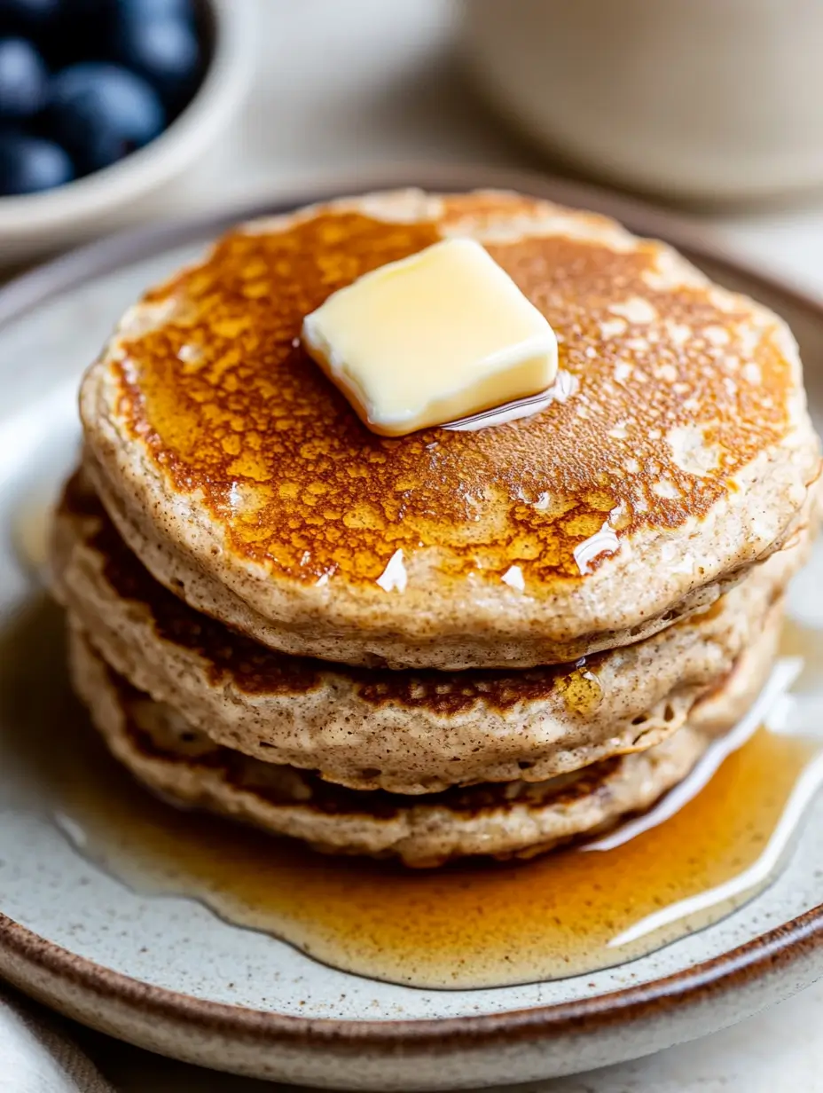 A close-up of a stack of golden oat flour pancakes topped with a melting pat of butter and drizzled with maple syrup, served on a ceramic plate with fresh blueberries in the background.