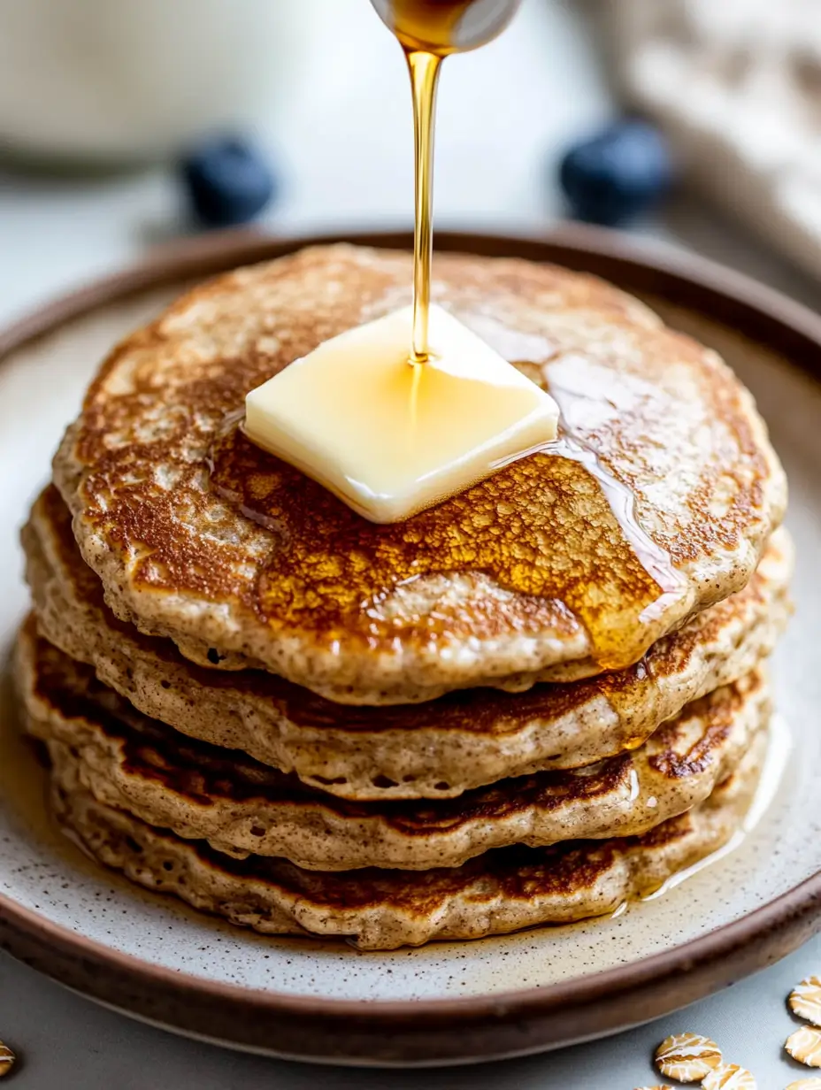 Maple syrup being poured over a stack of fluffy oat flour pancakes topped with a pat of butter, served on a rustic ceramic plate
