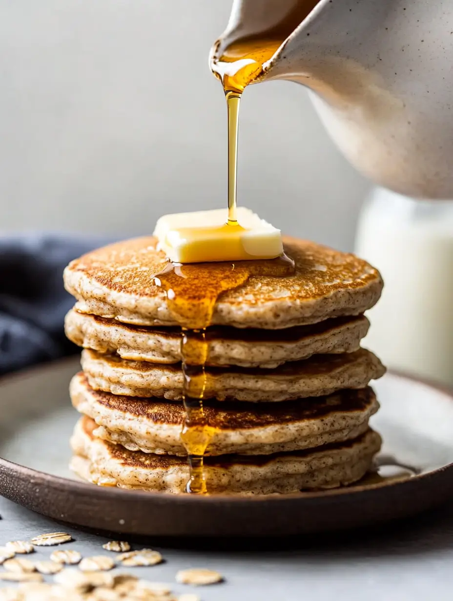 Maple syrup cascading from a ceramic pitcher onto a stack of fluffy oat flour pancakes topped with a pat of melting butter, served on a rustic plate.