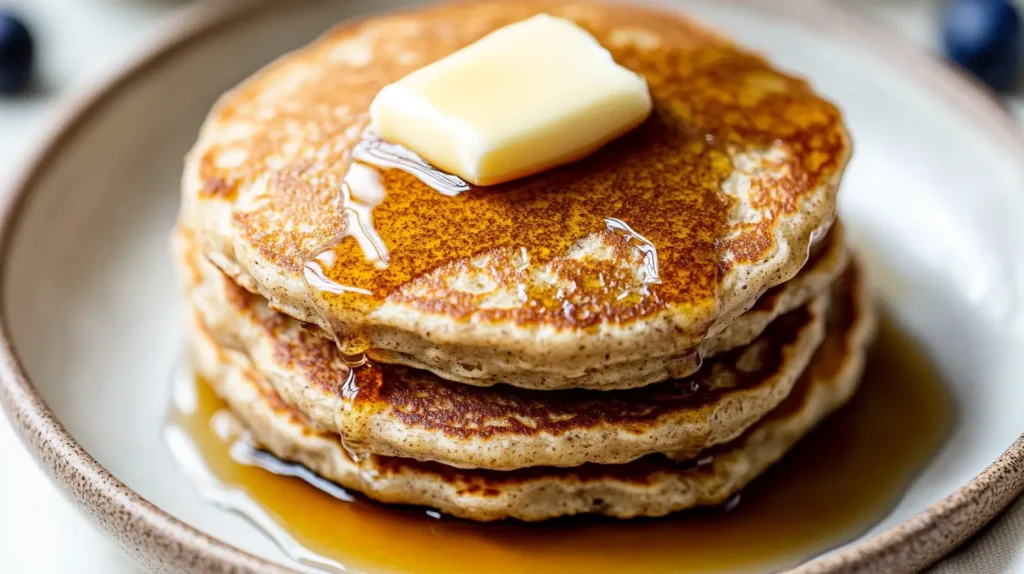A stack of golden oat flour pancakes topped with a melting pat of butter and drizzled with maple syrup, served on a ceramic plate