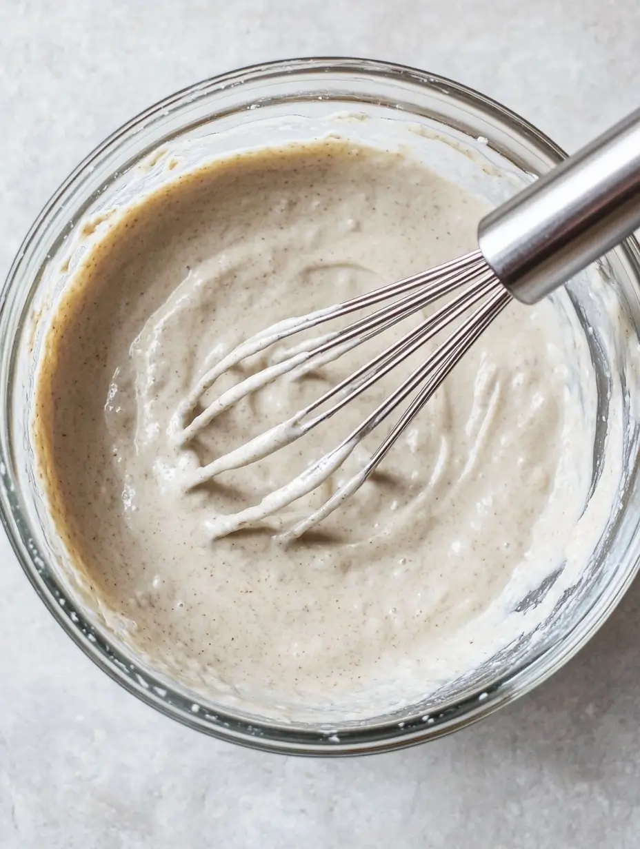 Smooth and creamy oat flour pancake batter in a glass bowl, whisked to perfection with a metal whisk.