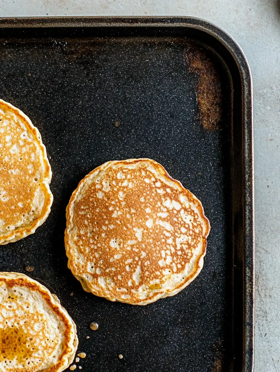Three oat flour pancakes cooking on a black griddle, golden brown and ready to flip.