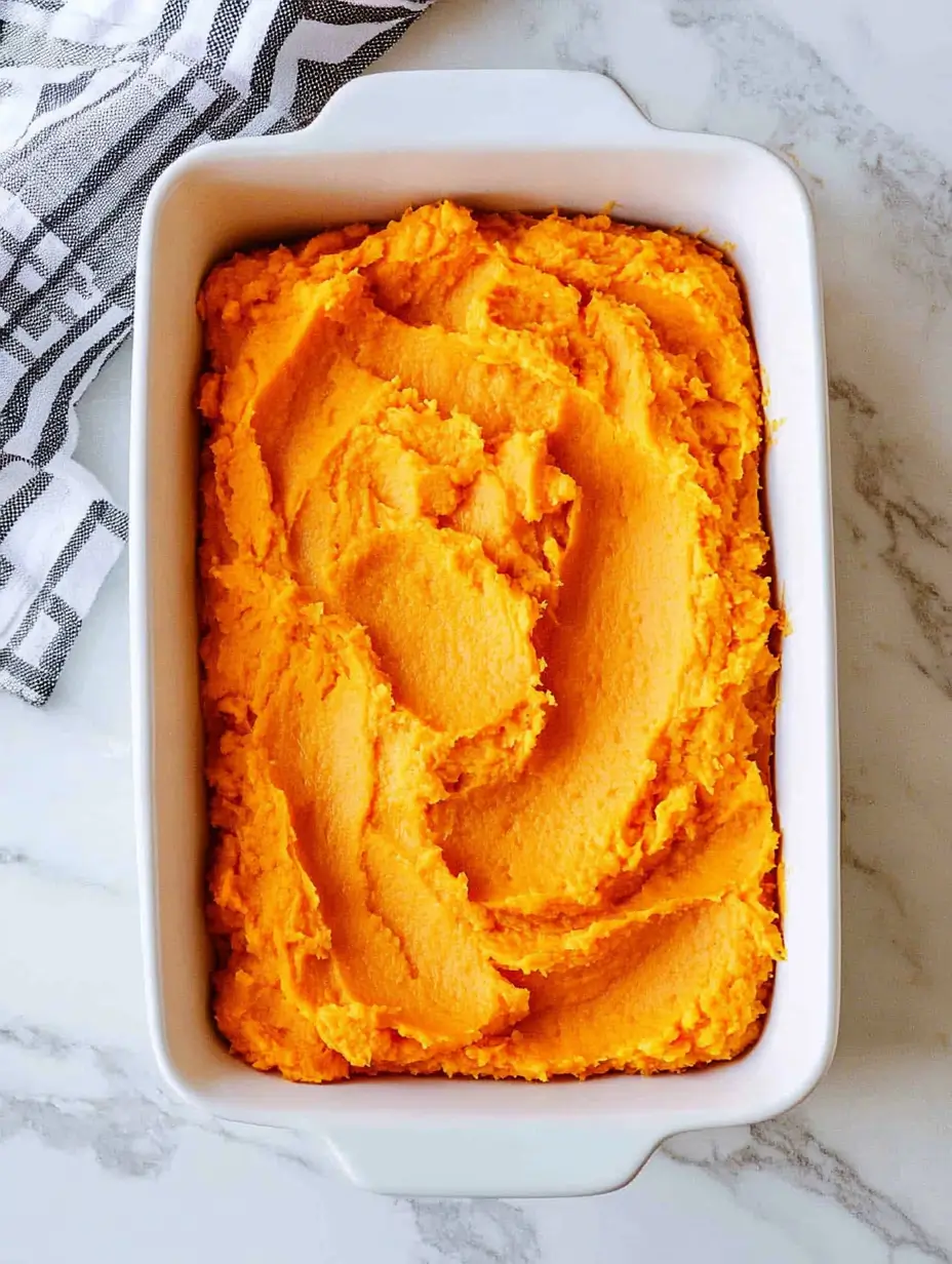 Old Fashioned Sweet Potato Casserole Recipe 4 Smooth mashed sweet potatoes evenly spread in a white rectangular baking dish, ready for toppings or baking.