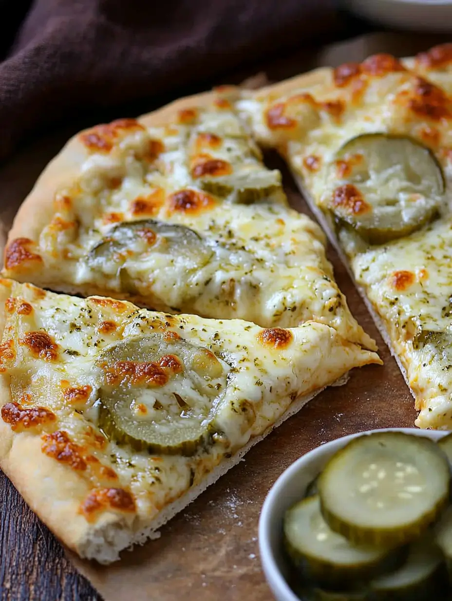 Slices of pickle pizza served on a wooden board, accompanied by a bowl of dill pickles and a dark napkin for rustic presentation.