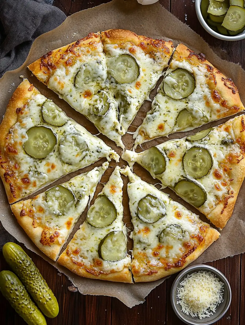 A baked pickle pizza with melted cheese and browned edges, garnished with a sprinkle of herbs and served on parchment paper over a wooden board.