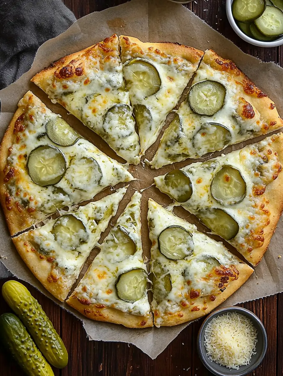 Close-up of a slice of pickle pizza with golden-brown cheese and pickles, held by a hand, showcasing the crispy crust and cheesy topping.