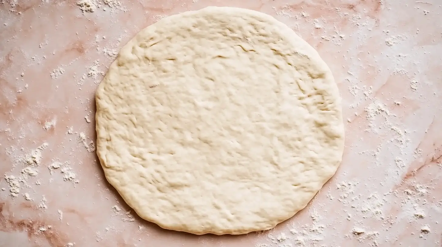 A homemade pizza dough rolled into a perfect circle, resting on a lightly floured surface with a smooth texture.
