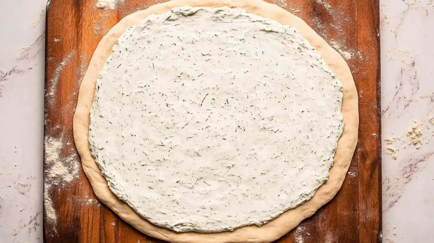 A pizza crust evenly spread with a creamy dill base, sitting on a wooden board with flour scattered around, ready for toppings.
