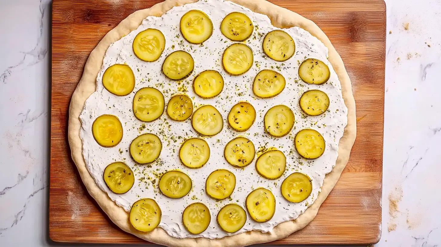 An uncooked pickle pizza topped with sliced pickles on a layer of creamy dill spread, sitting on a wooden board ready for baking.
