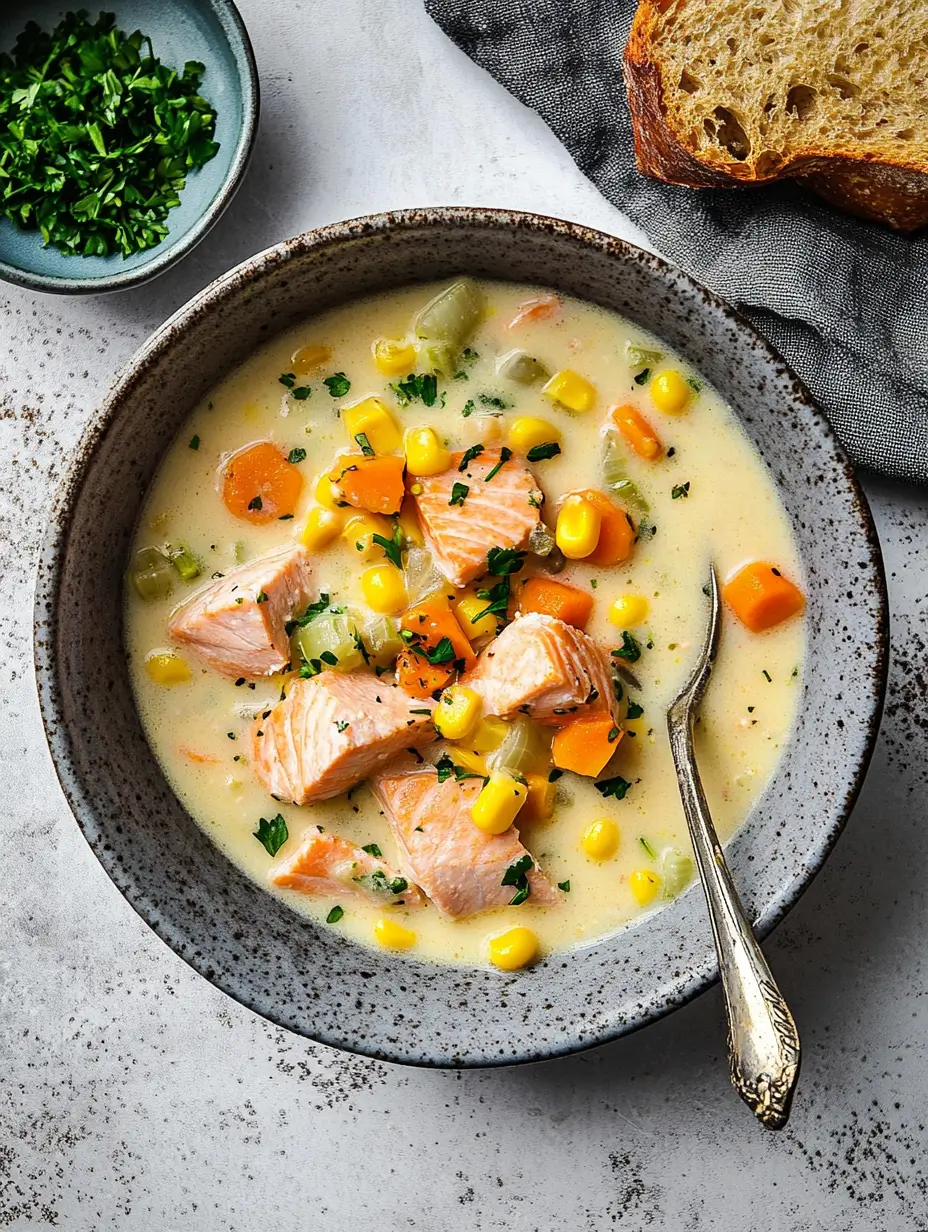 delight served in a rustic gray bowl, filled with tender  pieces, carrots, corn, and potatoes, garnished with fresh parsley and paired with a slice of bread.