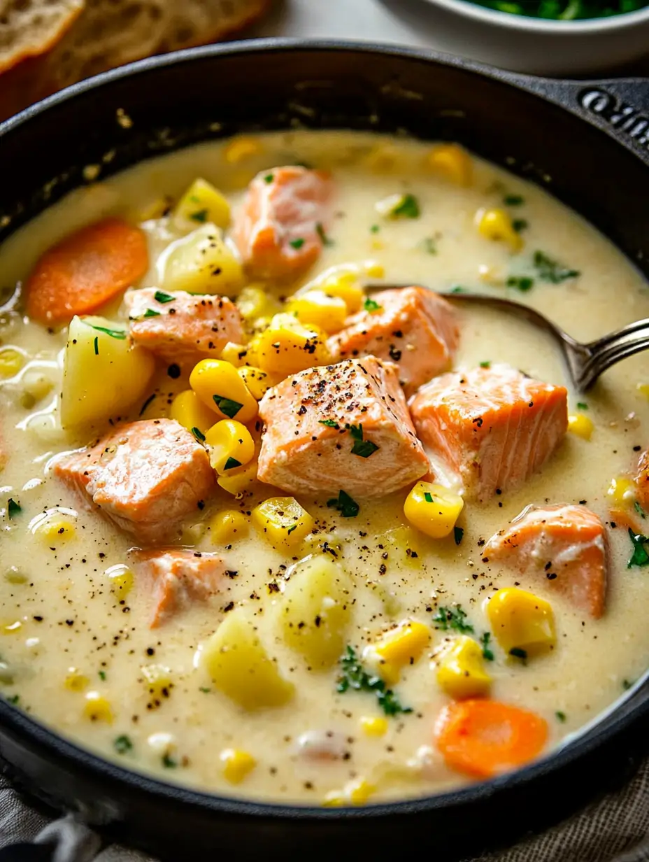 Creamy salmon soup served in a black pot, filled with tender salmon chunks, golden potatoes, and carrots, topped with freshly ground black pepper and herbs.